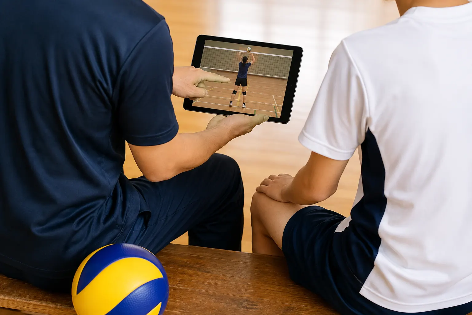 タブレットの動画で選手に説明するコーチ